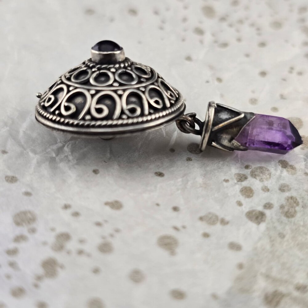 Vintage Sterling Silver 925 Pendant Amethyst Gemstone & Dangling Charm Domed - Picture 4 of 9
